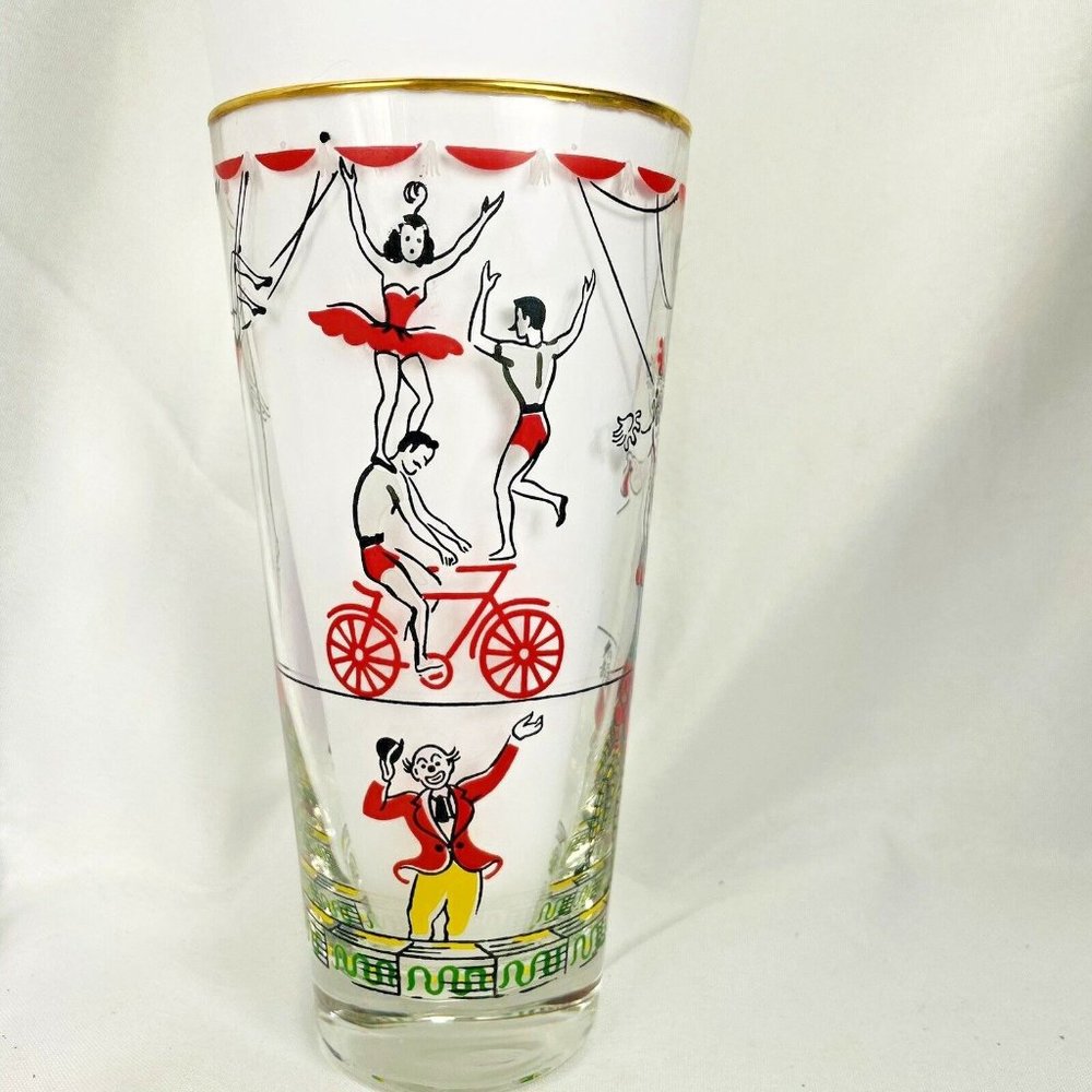 Vintage Libbey Glass Co. Fun Circus Highball Glasses 16 Ounce Tumbler Gold Rim - Picture 1 of 16
